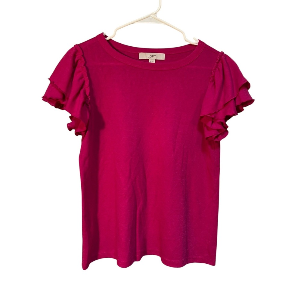 Loft Women's Size Medium Knit Blouse Tiered Flutter Ruffle Sleeve Magenta Pink